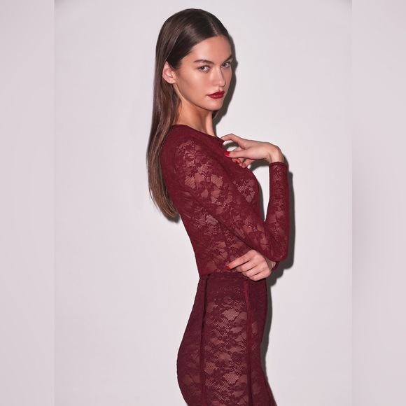 NWT Fleur Du Mal Le Stretch Lace Long Sleeve Bodysuit in Auburn— Size Medium - Picture 3 of 16